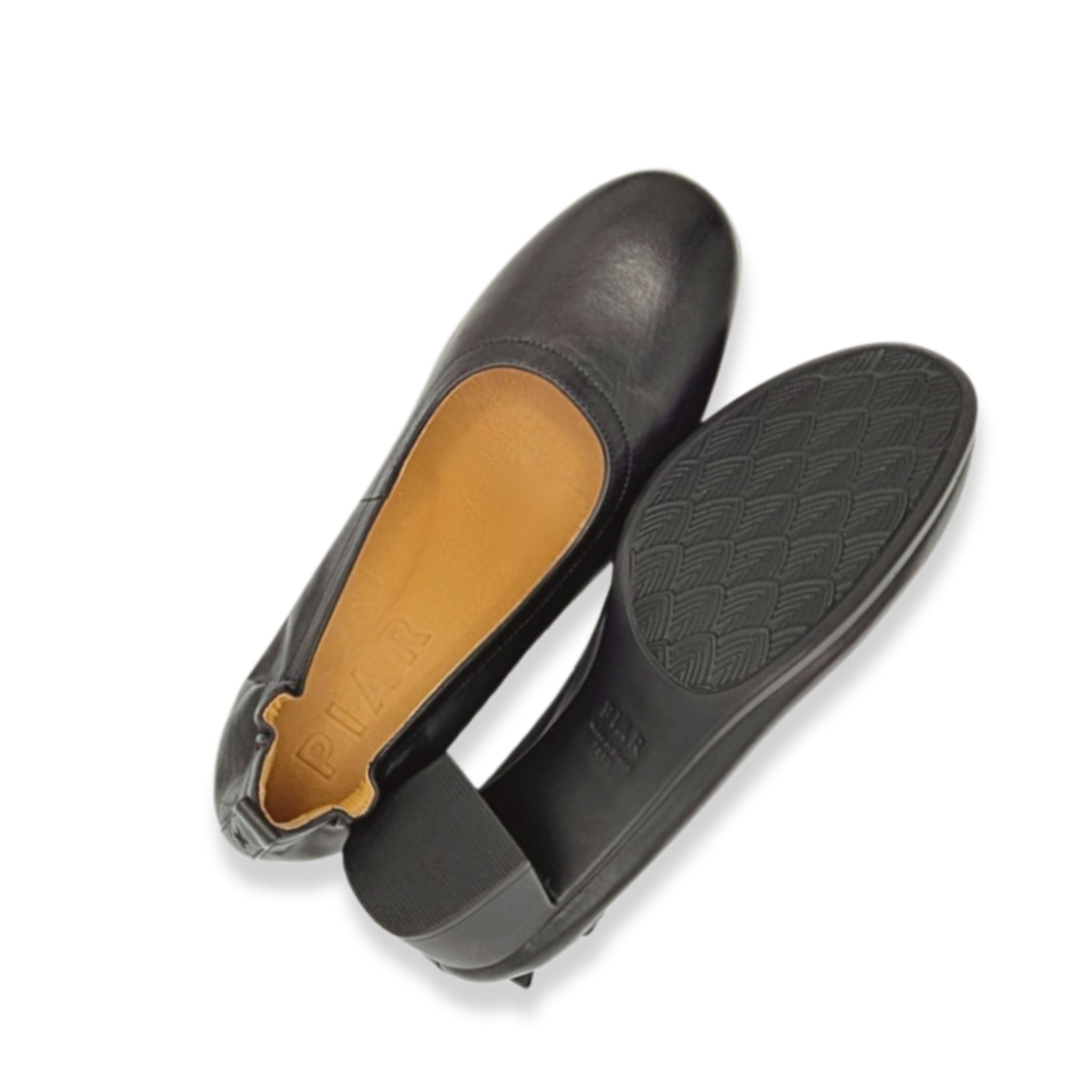 Overhead and sole view of black PIAR Performance Heels showing contoured insole for arch support and non-slip tread