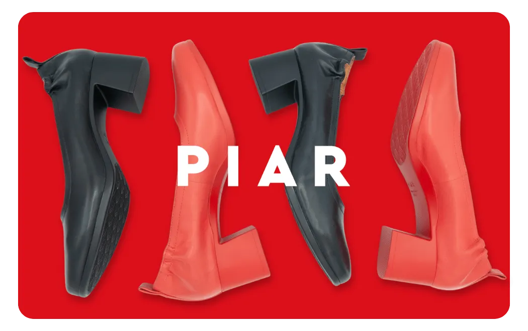 PIAR Digital Gift Card featuring Black and Lava Red Performance Heels on red background.