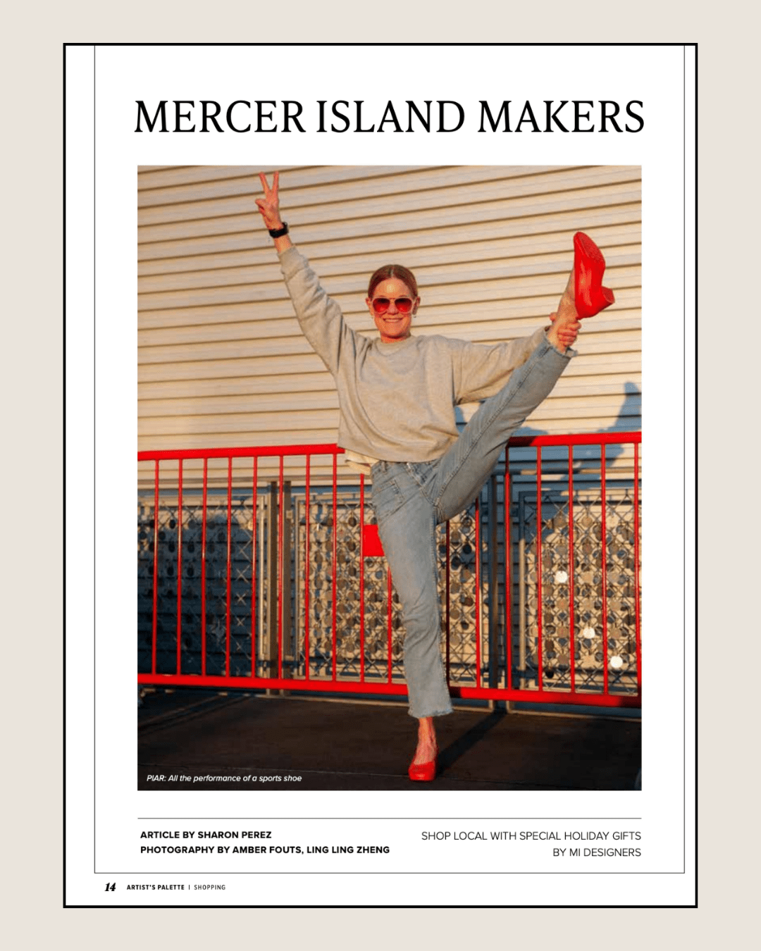 Holding up leg and peace sign in PIAR red comfortable Performance Heel for Mercer Island Lifestyle Magazine Article