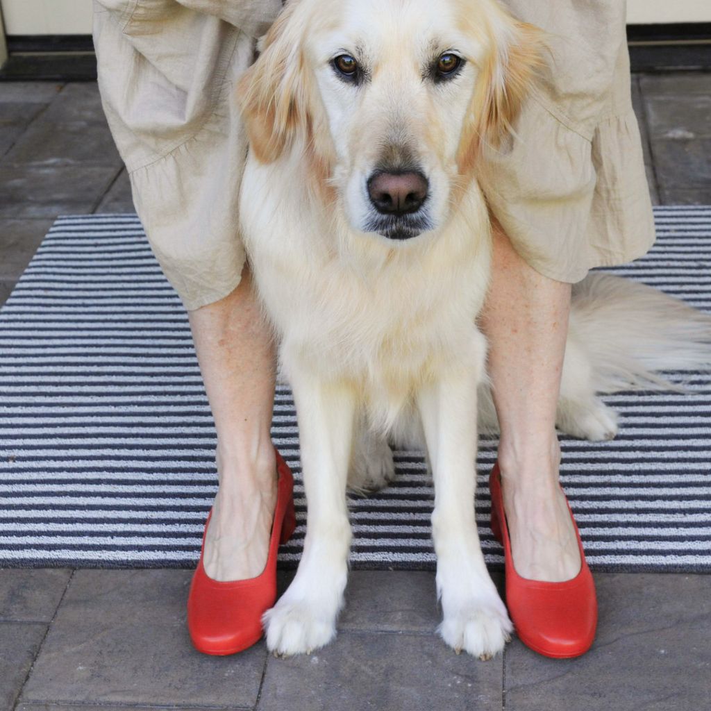 The Performance Heel by PIAR - Woman Wearing Stylish and Comfortable Red Leather Block Heel Pumps With Dog