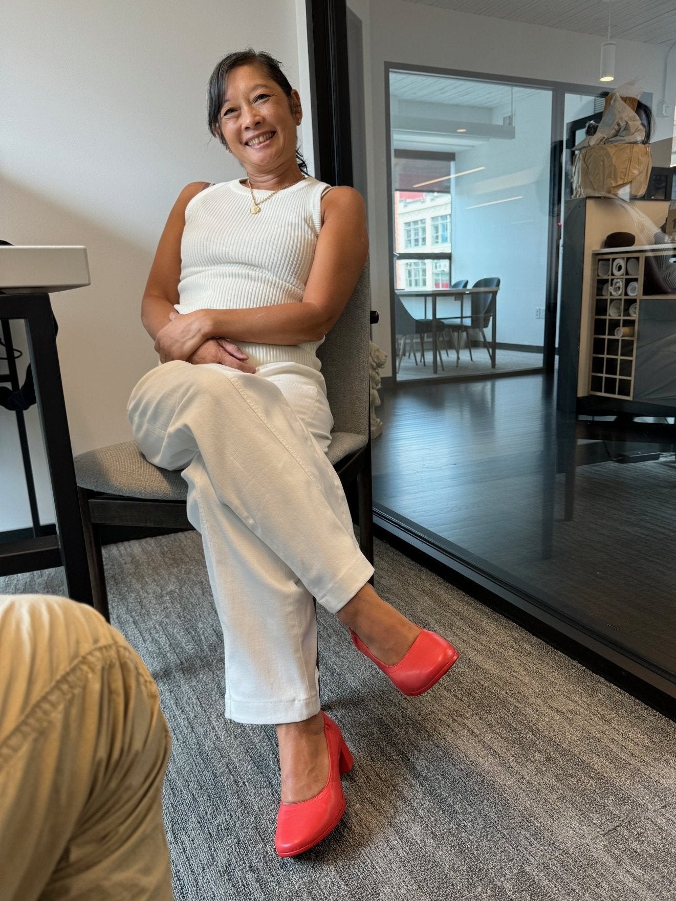 The Performance Heel by PIAR - Woman Wearing Stylish and Comfortable Red Leather Block Heel Pumps In Office